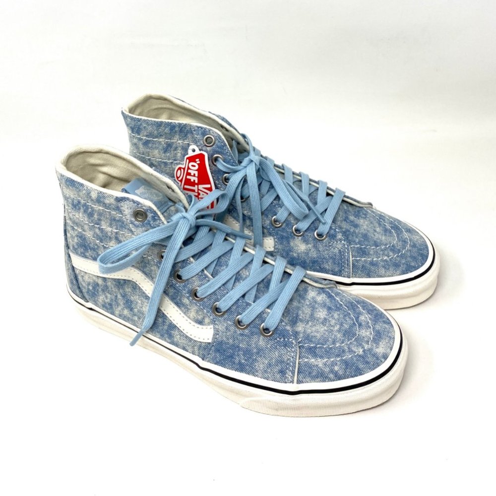 VANS Men's Size VN0A4U169FM SK8-HI TAPERED Blue Denim Destroy Canvas Sneakers - Picture 2 of 8